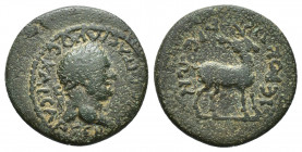 LYDIA. Hierocaesaraea. Vespasian, 69-79. Hemiassarion (Bronze, 20.1 mm, 4.5 g). ΟΥЄϹΠΑϹΙΑΝΟϹ ΚΑΙϹΑΡ ϹЄΒA Laureate head of Vespasian to right. Rev. IЄΡ...