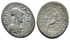 LYDIA. Sala. Pseudo-autonomous. Time of Hadrian-Antoninus Pius (128-161). Ae. 3.9g 18.4mm Gaius Valerius Andronicus, magistrate. Obv: CAΛHNΩN. Helmete...