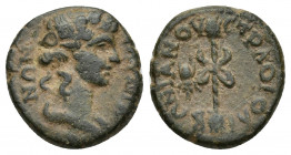 LYDIA. Sardis. Pseudo-autonomous. Time of Trajan (98-117). Ae. 2.3g 15.4mm Libonianus, strategos. Obv: СΑΡΔΙΑΝΩΝ. Draped bust of Dionysus right, weari...
