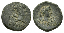 Magnesia ad Maeandrum, Ionia. Time of Augustus. AE 13.4mm. 3g. EYΦHMOΣ, Bust of Artemis right, bow and quiver over shoulder / MAΓNHTΩN, laureate head ...