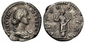 Faustina Minor Denarius, Rome, AD 161-175 AR 2.8g 17.6mm FAVSTINA - AVGVSTA, draped bust r., hair knotted behind, Rv. FECVN - DITAS, Fecunditas standi...