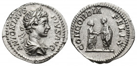 Caracalla. A.D. 198-217. AR denarius 19.2 mm, 3.2g. Rome, A.D. 202. ANTONINVS PIVS AVG, laureate and draped bust of Caracalla right / CONCORDIA FELIX,...