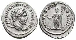 CARACALLA, (A.D. 198-217), silver denarius, issued 215, Rome mint, 3.2 g 18.1 mm. obv. laureate head to right of Caracalla, around ANTONINVS PIVS AVG ...