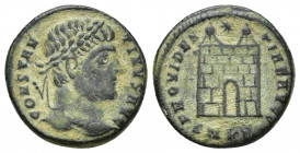 Constantine I (307/310-337). Æ Follis (18.5mm, 3.7g). Cyzicus, 324-5. Laureate head r. R/ Camp-gate surmounted by two turrets, star above; SMK?
