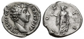 Marcus Aurelius (as Caesar). AR Denarius 3.2gr, 18mm. Obv: AVRELIVS CAESAR AVG PII F, bare head right. Rev: COS II, Spes walking left, holding flower ...