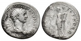 Trajan. AR denarius 3gr, 18.3mm. Rome mint 117 AD. Obv: IMP CAES NER TRAIAN OPTIM AVG GER DAC PARTHICO, laureate draped bust r. Rev: P M TR P CO-S - V...