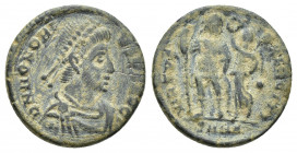 Honorius. AE 17, 2.6gr. Cyzicus mint, 395-401 AD. DN HONORIVS PF AVG, pearl-diademed, draped and cuirassed bust right / VIRTVS EXERCITI, emperor stand...