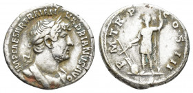 Hadrian AR Denarius. Rome, AD 121-123. 3.4g. 18.9mm. IMP CAESAR TRAIAN HADRIANVS AVG, laureate and cuirassed bust to right / P M TR P COS III, Emperor...