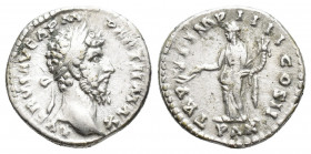 Lucius Verus. A.D. 161-169. AR denarius (18.2 mm, 3.5 g). Rome mint, struck A.D. 166. L VERVS AVG ARM PARTH MAX, laureate head right / TR P VI IMP III...