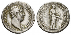 Hadrian (AD 117–138). Silver denarius (3.5g 18.2mm). AD 129. HADRIANVS AVGVSTVS, bare head of Hadrian right, with slight drapery on far shoulder / LIB...