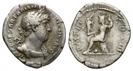 HADRIAN (117-138). Denarius. Rome. 3.1g 19.7mm Obv: IMP CAESAR TRAIAN HADRIANVS AVG. Laureate and draped bust right. Rev: P M TR P COS III. Roma seate...