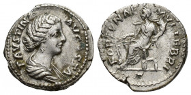 Faustina Junior. Augusta, AD 147-175. AR Denarius (18mm, 3.5 g). Rome mint. Struck under Marcus Aurelius, circa AD 170-175. Draped bust right / FORTVN...
