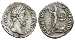 Commodus AR Denarius. Rome, AD 183-184. 3.1g 16.8mm M COMMODVS ANTON AVG PIVS, laureate head right / P M TR P VIIII I MP VI COS IIII P P, Minerva adva...