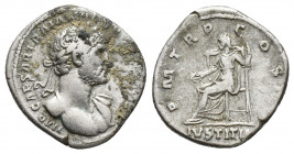 HADRIAN (117-138). Denarius. 3g. 17.6mm Rome. Obv: IMP CAESAR TRAIAN HADRIANVS AVG. Laureate bust right, slight drapery on far shoulder. Rev: P M TR P...