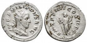 Philip I AR Antoninianus. 3,6gr, 22,4mm. Rome, AD 247. IMP PHILIPPVS AVG, Radiate, draped and cuirassed bust right / P M TR P IIII COS II P P, Felicit...