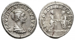 PLAUTILLA (Augusta, 202-205). Denarius. Rome. 3.4g 19.6mm Obv: PLAVTILLAE AVGVSTAE. Draped bust right. Rev: CONCORDIAE AETERNAE. Caracalla and Plautil...