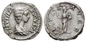 Plautilla, Augusta, 202-205. Denarius (Silver, 18.2 mm, 3.2 g.), Rome. PLAVTILLA AVGVSTA Draped bust of Plautilla to right. Rev. PIETAS AVGG Pietas st...