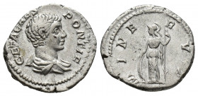 Geta as Caesar AD 197-209. Rome Denarius AR 18.5mm. 3.1g. GETA CAES PONTIF, draped bust right / MINERVA, Minerva, helmeted, standing left, holding han...