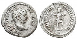 CARACALLA (197-217). Denarius. Rome. 3.3g 19.4mm Obv: ANTONINVS PIVS AVG BRIT. Laureate head right. Rev: P M TR P XIIII COS III P P. Virtus standing r...