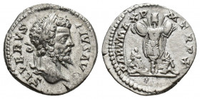 Septimius Severus AR Denarius. Rome, AD 201. 3.4g. 18.2mm. SEVERVS PIVS AVG, laureate head right / PART MAX P M TR P X, trophy flanked by two captives