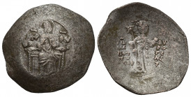 John II. Comnenos Ducas (1118-1143), 4.4g 26.1mm Billon aspron trachy, Thessalonica. MP-QV, Mary, nimbate, seated facing, holding before her the nimba...
