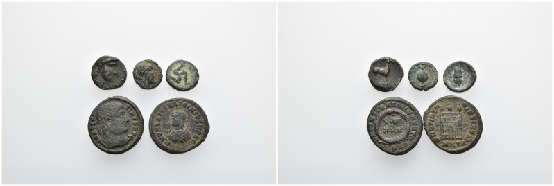 Lot of 5 pieces Greek and Roman coins. SOLD AS SEEN NO RETURN.