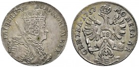 Altdeutsche Münzen und Medaillen 
 Brandenburg-Preußen 
 Friedrich II. 1740-1786 
 18 Gröscher 1757 -Königsberg-. Olding 192a, v.Schr. 1010. selten...