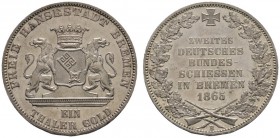 Altdeutsche Münzen und Medaillen 
 Bremen, Stadt 
 Taler 1865 B. Zweites Deutsches Bundesschießen. AKS 16, J. 27, Thun 126, Kahnt 163. leichte Tönun...