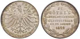 Altdeutsche Münzen und Medaillen 
 Frankfurt, Stadt 
 Doppelgulden 1849. Goethes Geburtstag. AKS 41, J. 48, Thun 137, Kahnt 178. Prachtexemplar mit ...