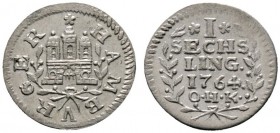 Altdeutsche Münzen und Medaillen 
 Hamburg, Stadt 
 Sechsling 1764 OHK. Gaed. 1077, J. 3. prägefrisch