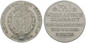 Altdeutsche Münzen und Medaillen 
 Mecklenburg-Schwerin 
 Friedrich 1756-1785 
 32 Schillinge 1764 -Schwerin-. Kunzel 341B, J. 9. zaponiert, vorzüg...