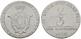 Altdeutsche Münzen und Medaillen 
 Mecklenburg-Schwerin 
 Friedrich Franz I. 1785-1837 
 2/3 Taler, sogen. Vaterlandsgulden 1813. AKS 7, J. 21, Kah...