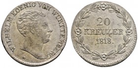 Altdeutsche Münzen und Medaillen 
 Württemberg 
 Wilhelm I. 1816-1864 
 20 Kreuzer 1818. Variante: Lorbeerkranz oben geschlossen und mit vier Roset...