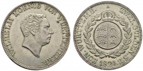 Altdeutsche Münzen und Medaillen 
 Württemberg 
 Wilhelm I. 1816-1864 
 Doppelgulden 1824. Variante ohne Punkt nach W und ohne P.B. KR 69.1b, AKS 7...
