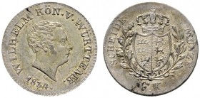 Altdeutsche Münzen und Medaillen 
 Württemberg 
 Wilhelm I. 1816-1864 
 6 Kreuzer 1834. KR 80.9, AKS 98, J. 52. Prachtexemplar, winzige Schrötlings...