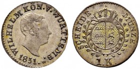 Altdeutsche Münzen und Medaillen 
 Württemberg 
 Wilhelm I. 1816-1864 
 Kreuzer 1831. KR 84.7, AKS 108, J. 40. Kabinettstück mit feiner Patina, Ste...