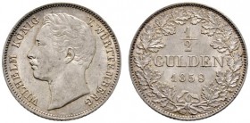 Altdeutsche Münzen und Medaillen 
 Württemberg 
 Wilhelm I. 1816-1864 
 1/2 Gulden 1858. KR 109, AKS 86, J. 69b. vorzüglich-Stempelglanz
