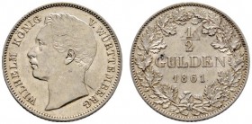 Altdeutsche Münzen und Medaillen 
 Württemberg 
 Wilhelm I. 1816-1864 
 1/2 Gulden 1861. KR 109.3, AKS 86, J. 69b. vorzüglich-Stempelglanz