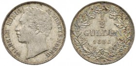 Altdeutsche Münzen und Medaillen 
 Württemberg 
 Wilhelm I. 1816-1864 
 1/2 Gulden 1864. KR 109.6, AKS 86, J. 69b. Prachtexemplar mit feiner Patina...