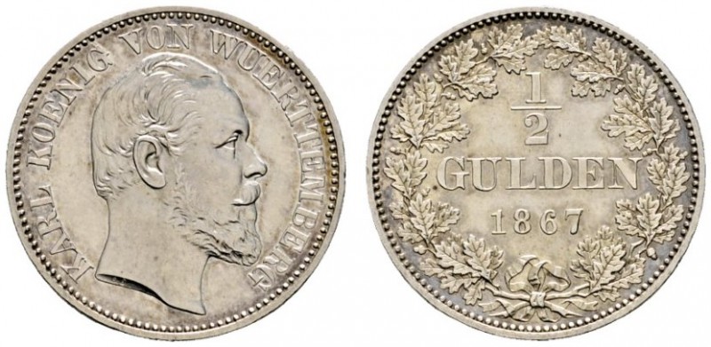 Altdeutsche Münzen und Medaillen 
 Württemberg 
 Karl 1864-1891 
 1/2 Gulden ...