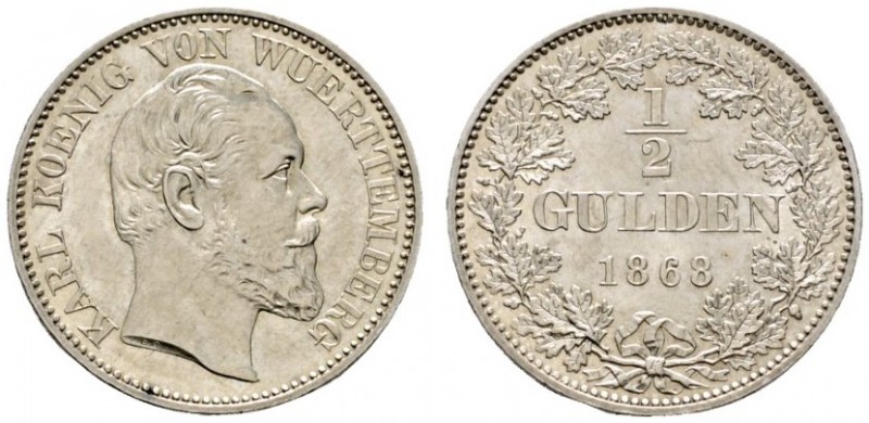 Altdeutsche Münzen und Medaillen 
 Württemberg 
 Karl 1864-1891 
 1/2 Gulden ...