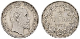 Altdeutsche Münzen und Medaillen 
 Württemberg 
 Karl 1864-1891 
 1/2 Gulden 1870. KR 115.4, AKS 127, J. 84. feine Patina, vorzüglich-Stempelglanz...