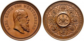 Altdeutsche Münzen und Medaillen 
 Württemberg 
 Karl 1864-1891 
 Bronzene Prämienmedaille o.J. (1866) von K. Schwenzer und G. Schiller, zur Anerke...