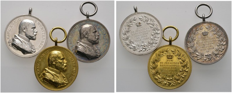 Altdeutsche Münzen und Medaillen 
 Württemberg 
 Karl 1864-1891 
 Lot (3 Stüc...