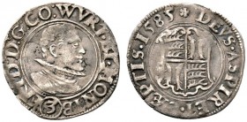 Altdeutsche Münzen und Medaillen 
 Württemberg-Mömpelgard 
 Friedrich 1581-1608 
 3 Kreuzer 1585 -Mömpelgard-. Brustbild nach rechts / Quadriertes ...