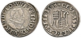 Altdeutsche Münzen und Medaillen 
 Württemberg-Mömpelgard 
 Friedrich 1581-1608 
 3 Kreuzer 1586 -Mömpelgard-. Brustbild nach rechts / Quadriertes ...