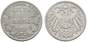 Deutsche Münzen und Medaillen ab 1871 
 Kleinmünzen 
 1 Mark 1891 D. J. 17. sehr selten, sehr schön