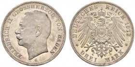 Deutsche Münzen und Medaillen ab 1871 
 Silbermünzen des Kaiserreiches 
 Baden. Friedrich II. 1907-1918 
 3 Mark 1912 G. J. 39. leichte Tönung, Pol...