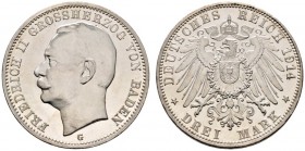 Deutsche Münzen und Medaillen ab 1871 
 Silbermünzen des Kaiserreiches 
 Baden. Friedrich II. 1907-1918 
 3 Mark 1914 G. J. 39. Prachtexemplar, Pol...