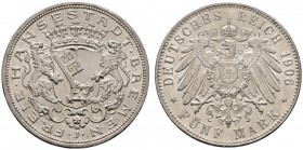 Deutsche Münzen und Medaillen ab 1871 
 Silbermünzen des Kaiserreiches 
 Bremen 
 5 Mark 1906 J. J. 60. gutes vorzüglich